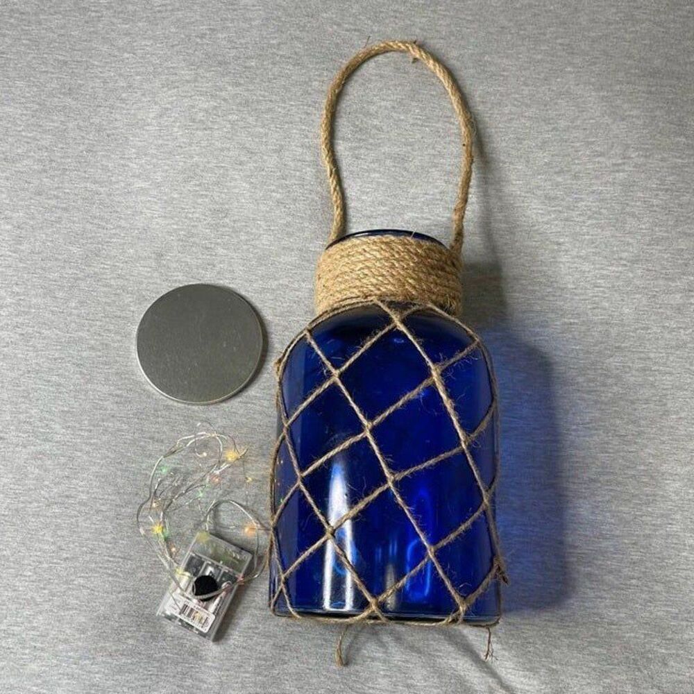 LED Blue Glass Jar Vase with Twine Night Light Decor